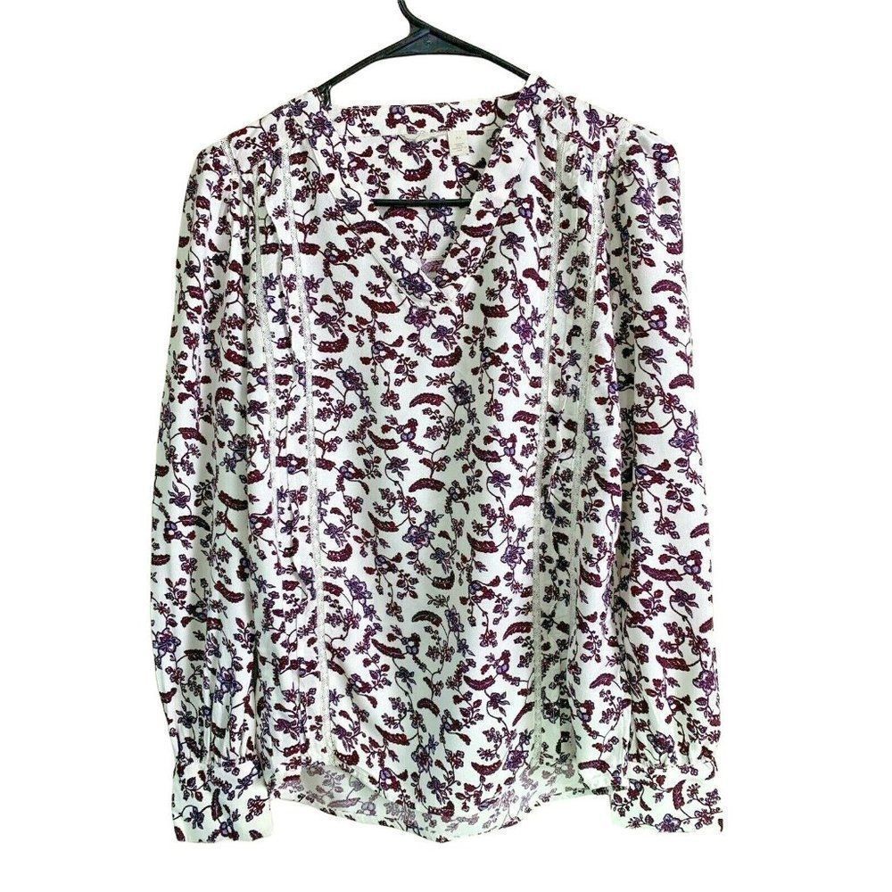 Halogen Women's Berry Print Lace Inset Blouse Long Sleeve GUC XSmall 5462